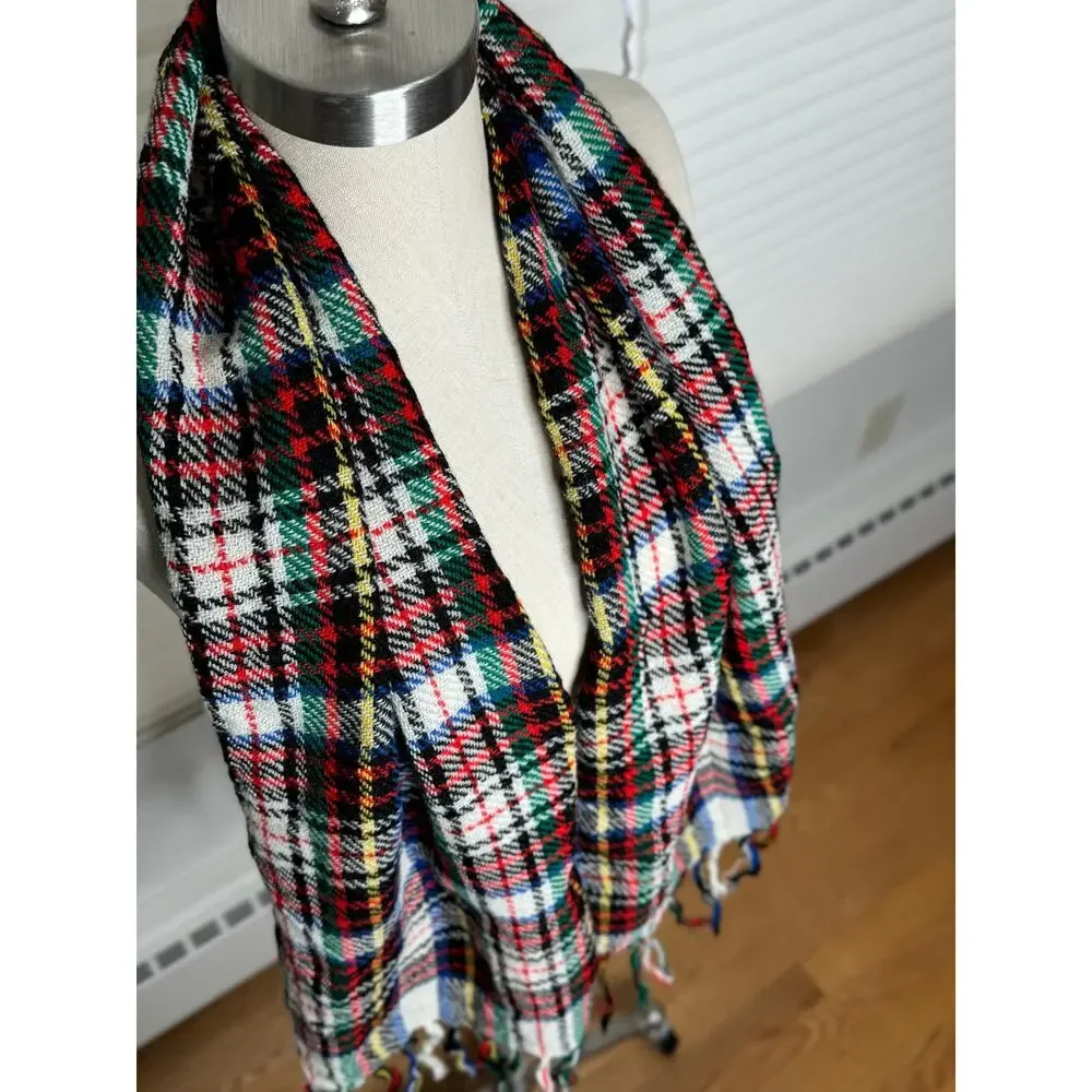 Vintage Plaid Scarf With Fringe, Primary Colors, Winter Scarf, Holiday